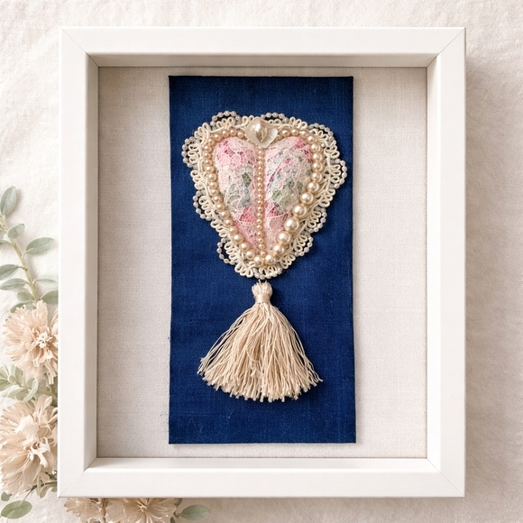 OOAK Handmade Textile Heart Flat Art Lace Pearls Silk